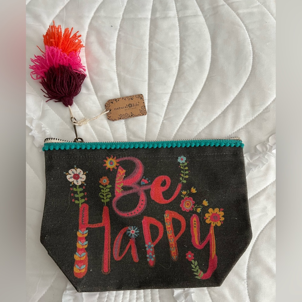 “BE HAPPY” canvas zip pouch